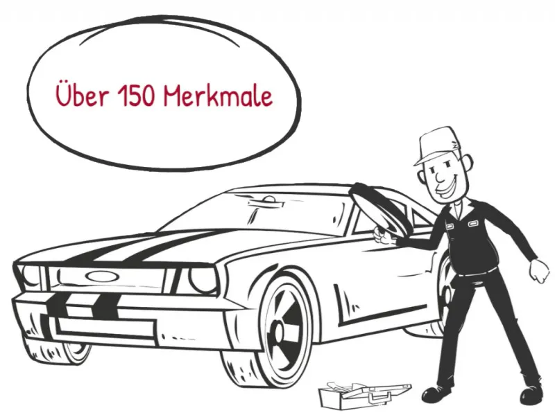 Illustration: ein Sachverständiger prüft ein Fahrzeug, über 150 Merkmale