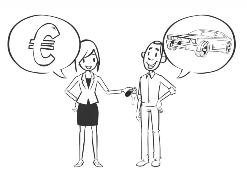 Illustration: Schlüsselübergabe zwischen Verkäuferin und Käufer