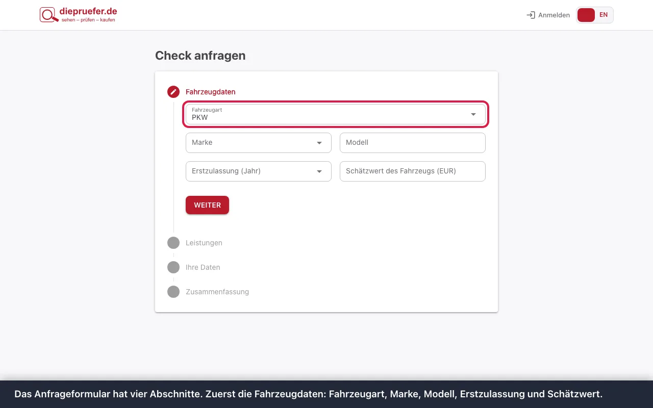 Schritt 1: Das Anfrageformular hat vier Abschnitte. Zuerst die Fahrzeugdaten: Fahrzeugart, Marke, Modell, Erstzulassung und Schätzwert.