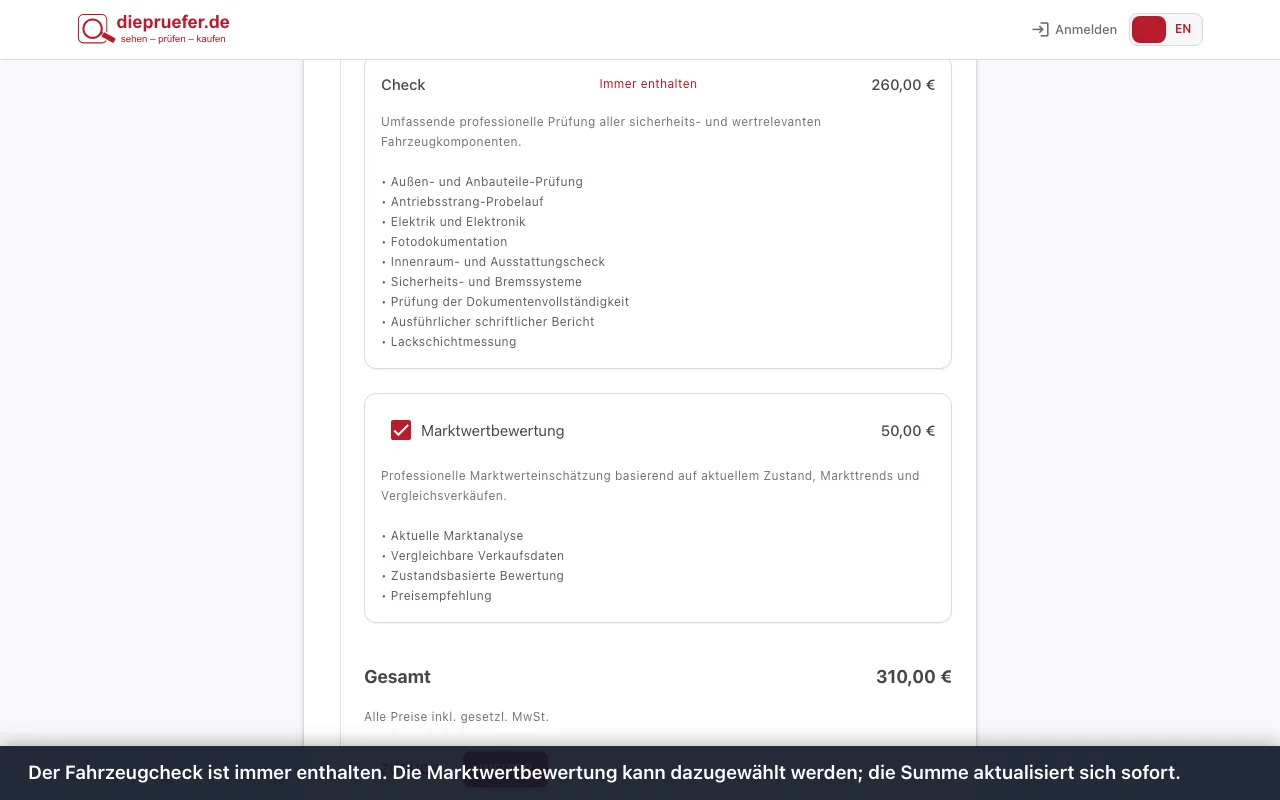 Schritt 3: Der Fahrzeugcheck ist immer enthalten. Die Marktwertbewertung kann dazugewählt werden; die Summe aktualisiert sich sofort.