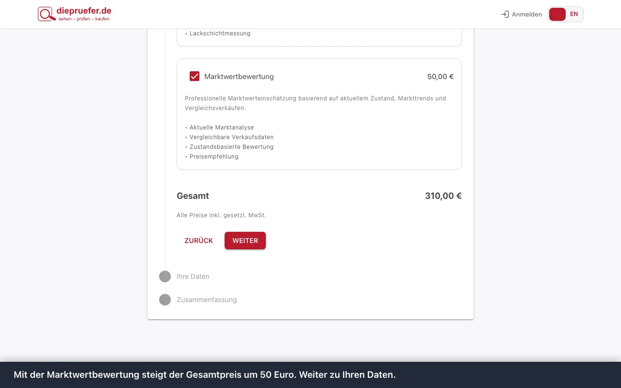 Schritt 4: Mit der Marktwertbewertung steigt der Gesamtpreis um 50 Euro. Weiter zu Ihren Daten.