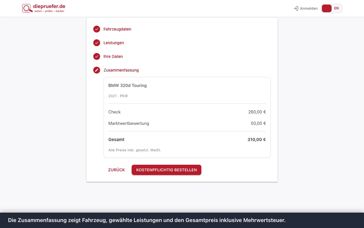 Schritt 6: Die Zusammenfassung zeigt Fahrzeug, gewählte Leistungen und den Gesamtpreis inklusive Mehrwertsteuer.