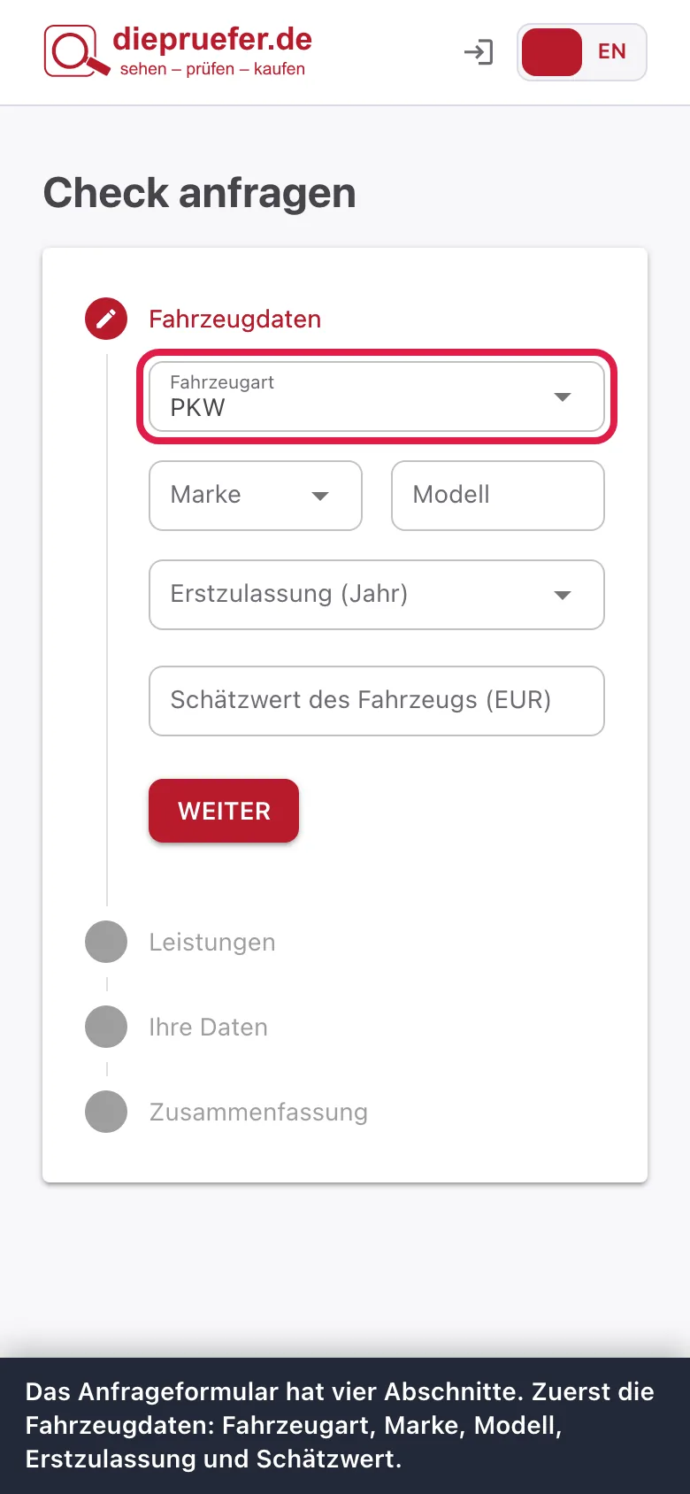 Schritt 1: Das Anfrageformular hat vier Abschnitte. Zuerst die Fahrzeugdaten: Fahrzeugart, Marke, Modell, Erstzulassung und Schätzwert.
