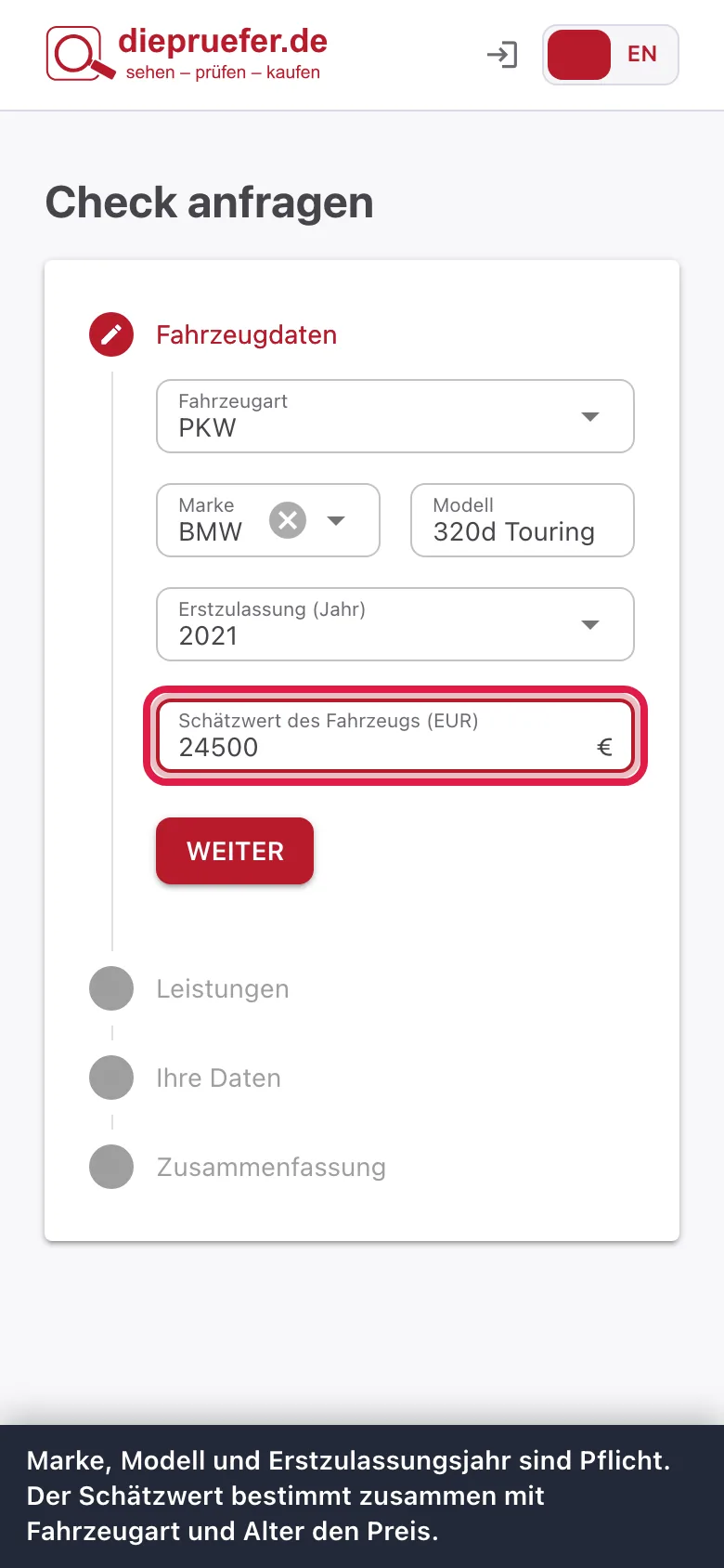Schritt 2: Marke, Modell und Erstzulassungsjahr sind Pflicht. Der Schätzwert bestimmt zusammen mit Fahrzeugart und Alter den Preis.