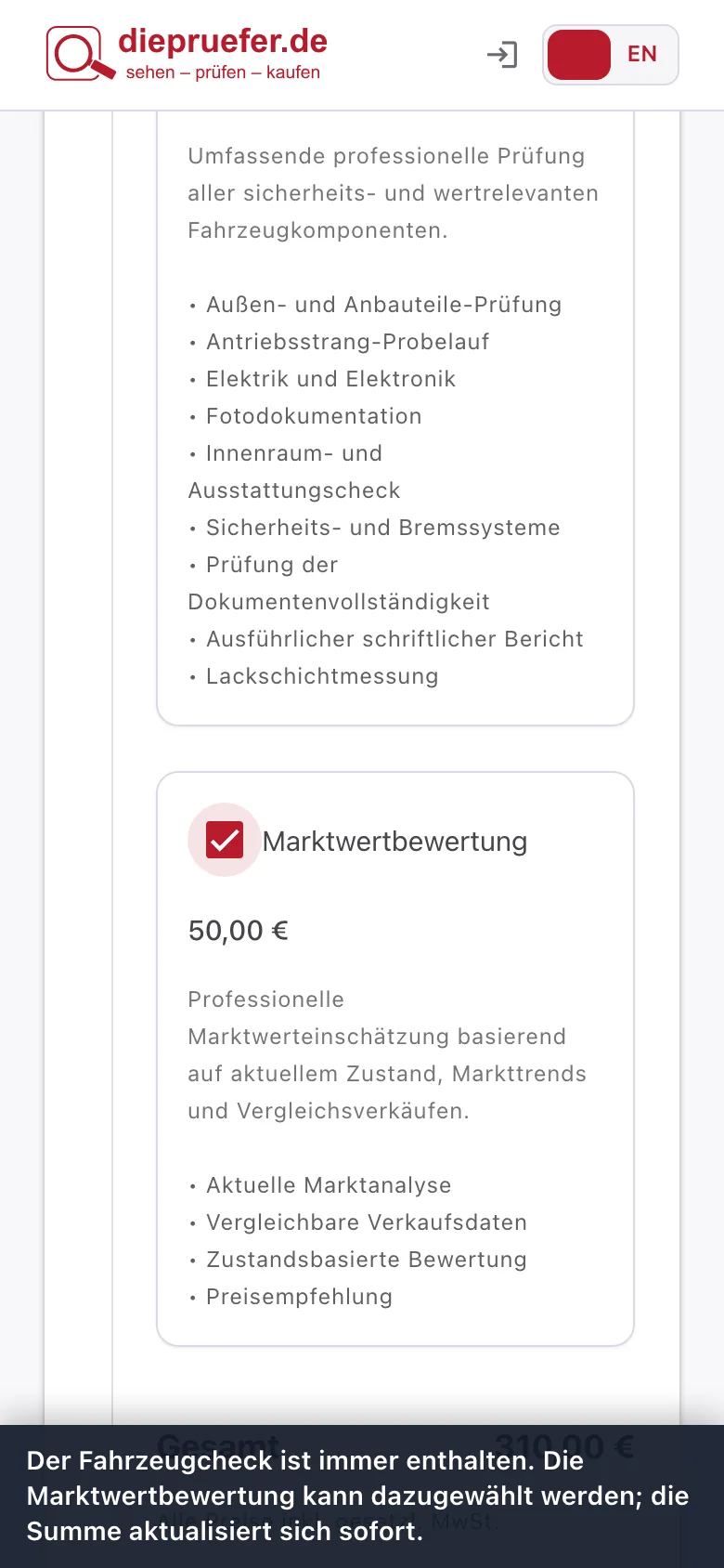 Schritt 3: Der Fahrzeugcheck ist immer enthalten. Die Marktwertbewertung kann dazugewählt werden; die Summe aktualisiert sich sofort.