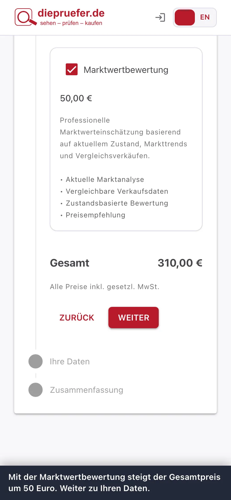 Schritt 4: Mit der Marktwertbewertung steigt der Gesamtpreis um 50 Euro. Weiter zu Ihren Daten.