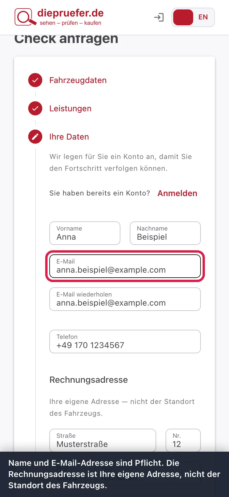 Schritt 5: Name und E-Mail-Adresse sind Pflicht. Die Rechnungsadresse ist Ihre eigene Adresse, nicht der Standort des Fahrzeugs.
