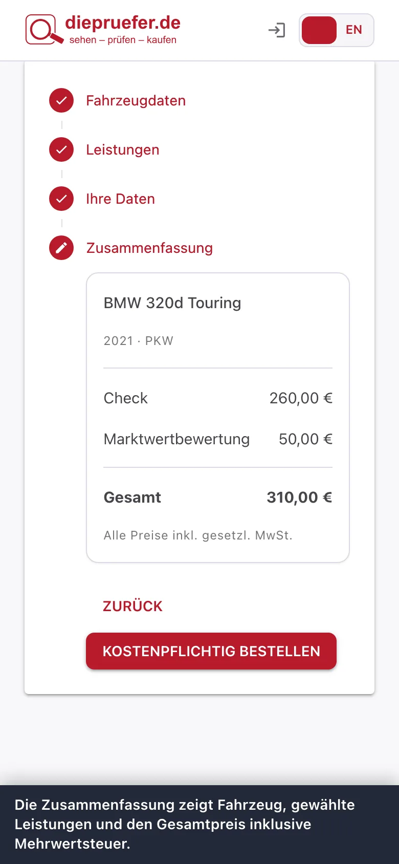 Schritt 6: Die Zusammenfassung zeigt Fahrzeug, gewählte Leistungen und den Gesamtpreis inklusive Mehrwertsteuer.