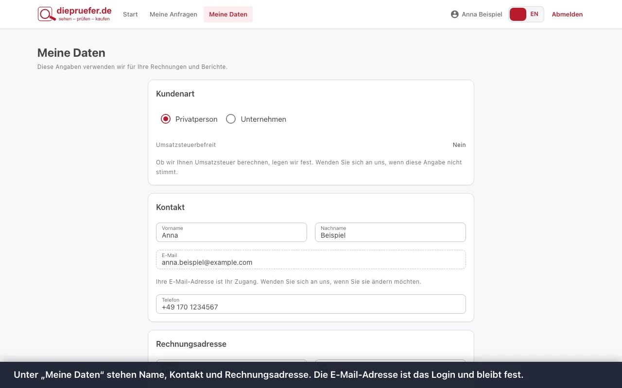 Schritt 1: Unter „Meine Daten“ stehen Name, Kontakt und Rechnungsadresse. Die E-Mail-Adresse ist das Login und bleibt fest.