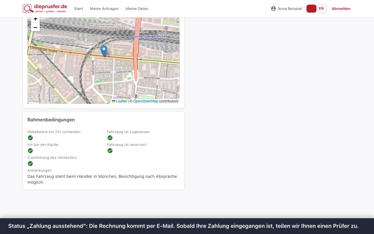 Schritt 8: Status „Zahlung ausstehend“: Die Rechnung kommt per E-Mail. Sobald Ihre Zahlung eingegangen ist, teilen wir Ihnen einen Prüfer zu.