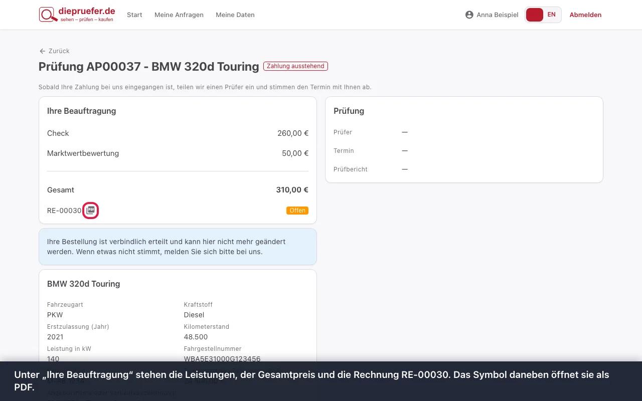 Schritt 3: Unter „Ihre Beauftragung“ stehen die Leistungen, der Gesamtpreis und die Rechnung RE-00030. Das Symbol daneben öffnet sie als PDF.