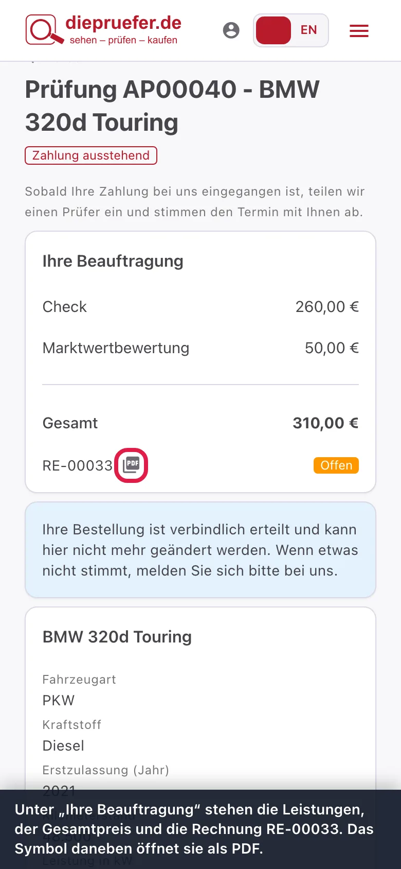 Schritt 3: Unter „Ihre Beauftragung“ stehen die Leistungen, der Gesamtpreis und die Rechnung RE-00033. Das Symbol daneben öffnet sie als PDF.