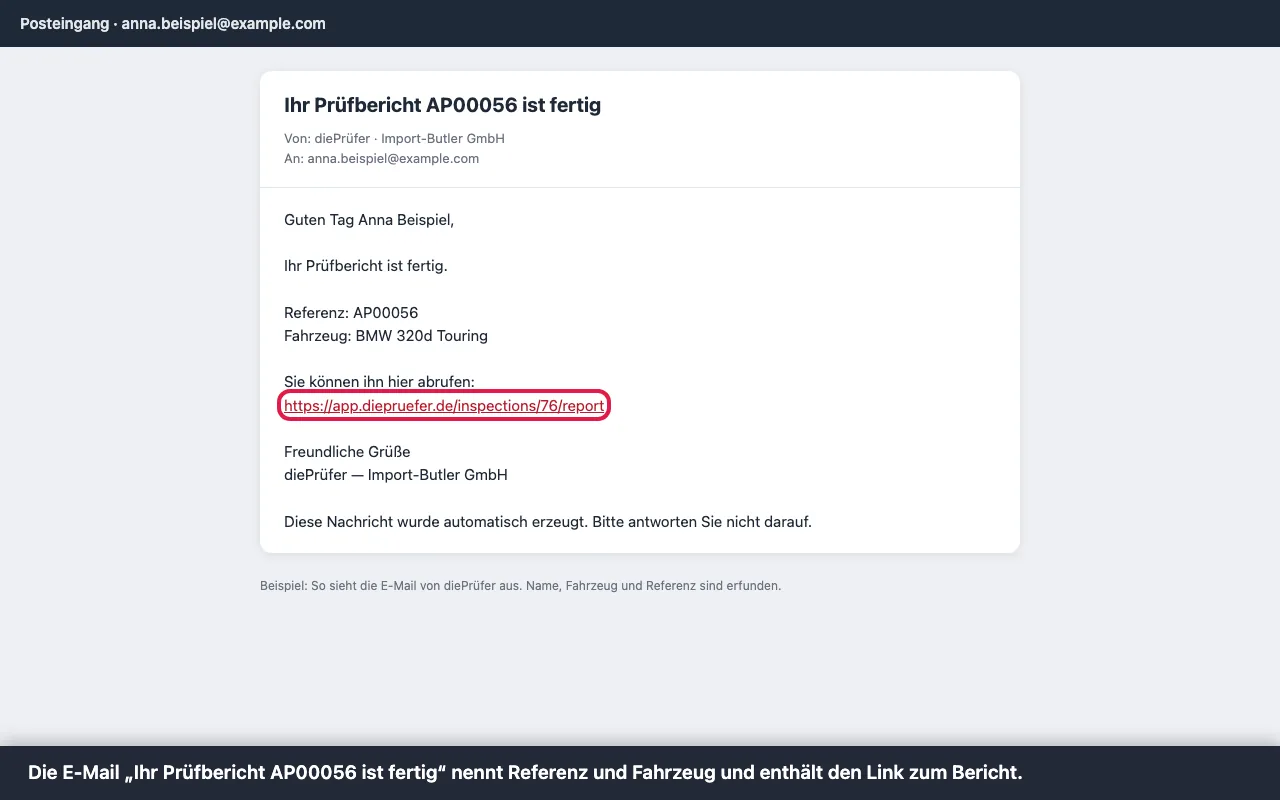 Schritt 1: Die E-Mail „Ihr Prüfbericht AP00056 ist fertig“ nennt Referenz und Fahrzeug und enthält den Link zum Bericht.