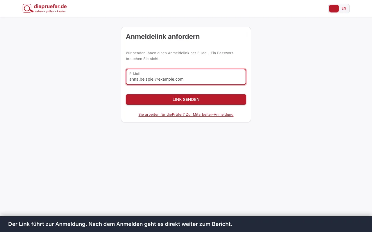 Schritt 2: Der Link führt zur Anmeldung. Nach dem Anmelden geht es direkt weiter zum Bericht.
