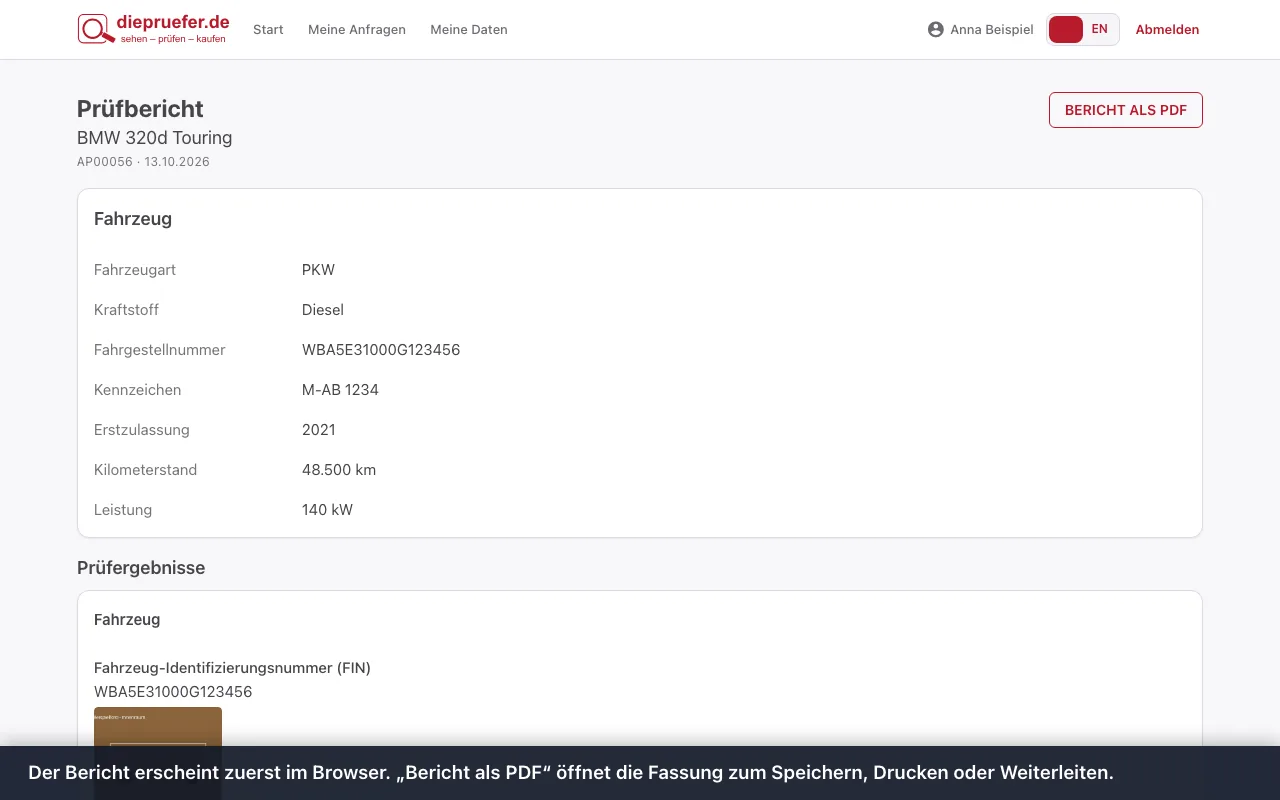 Schritt 3: Der Bericht erscheint zuerst im Browser. „Bericht als PDF“ öffnet die Fassung zum Speichern, Drucken oder Weiterleiten.
