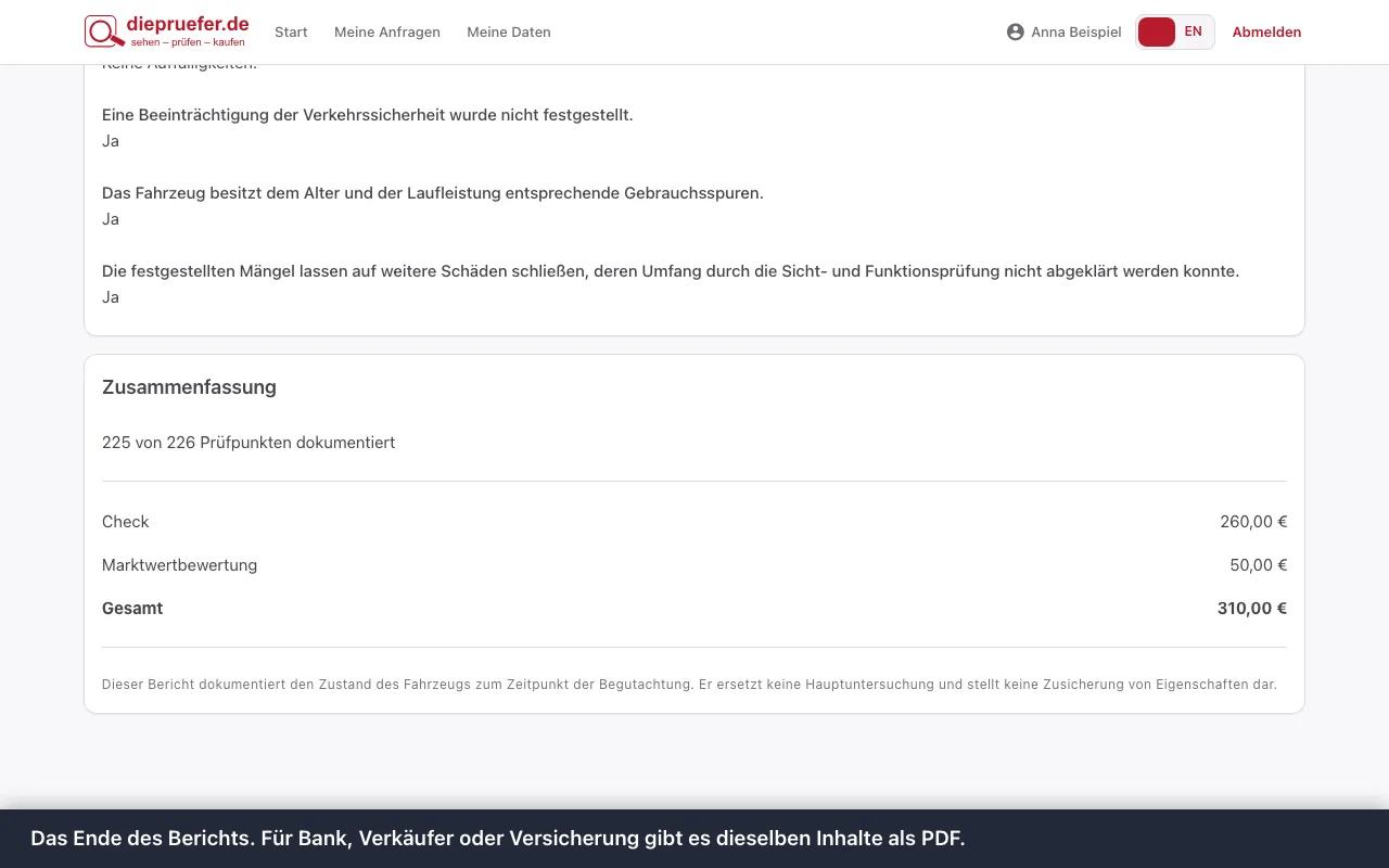 Schritt 6: Das Ende des Berichts. Für Bank, Verkäufer oder Versicherung gibt es dieselben Inhalte als PDF.