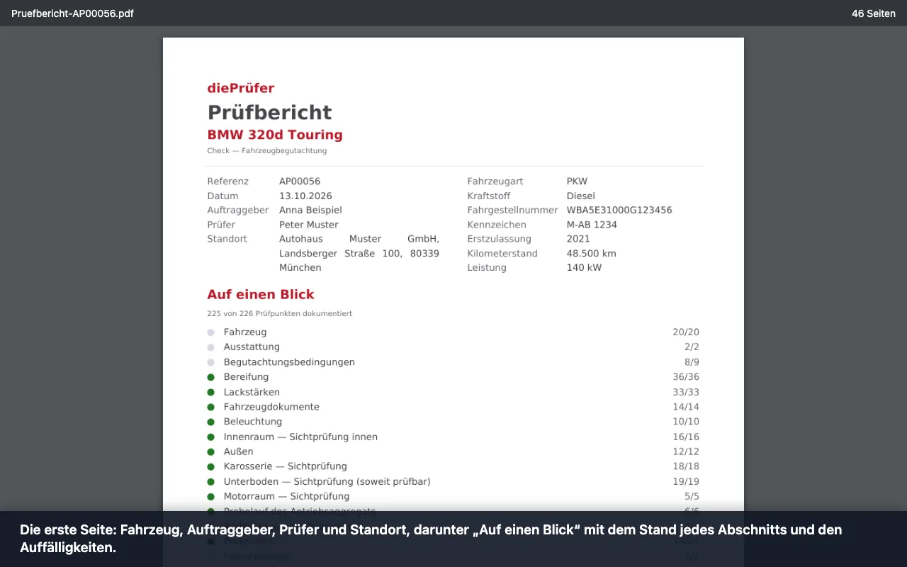 Schritt 7: Die erste Seite: Fahrzeug, Auftraggeber, Prüfer und Standort, darunter „Auf einen Blick“ mit dem Stand jedes Abschnitts und den Auffälligkeiten.