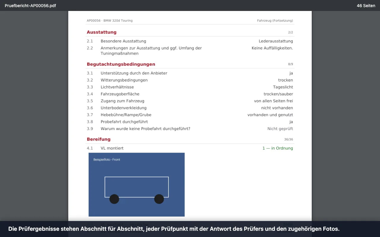 Schritt 8: Die Prüfergebnisse stehen Abschnitt für Abschnitt, jeder Prüfpunkt mit der Antwort des Prüfers und den zugehörigen Fotos.
