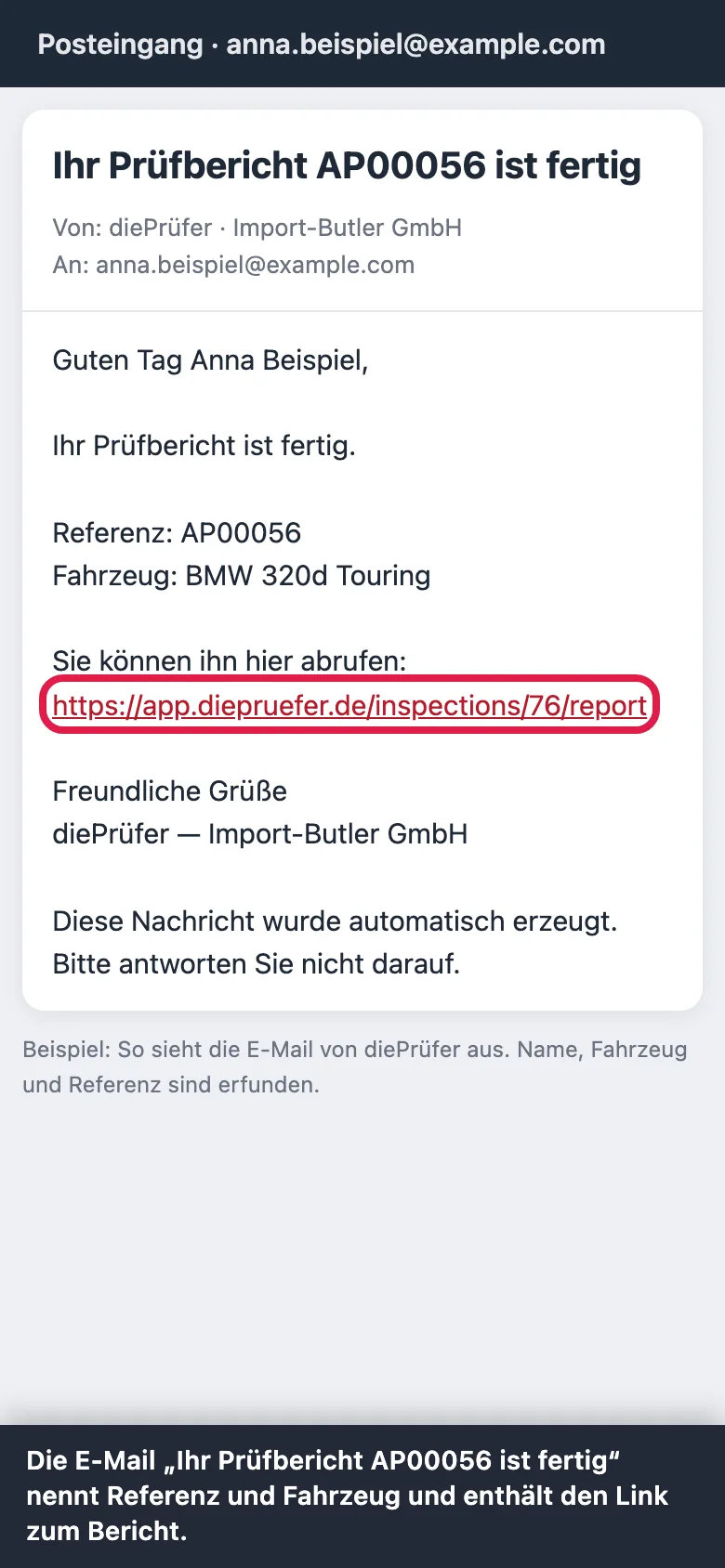 Schritt 1: Die E-Mail „Ihr Prüfbericht AP00056 ist fertig“ nennt Referenz und Fahrzeug und enthält den Link zum Bericht.