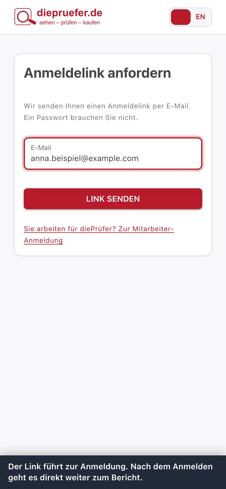 Schritt 2: Der Link führt zur Anmeldung. Nach dem Anmelden geht es direkt weiter zum Bericht.