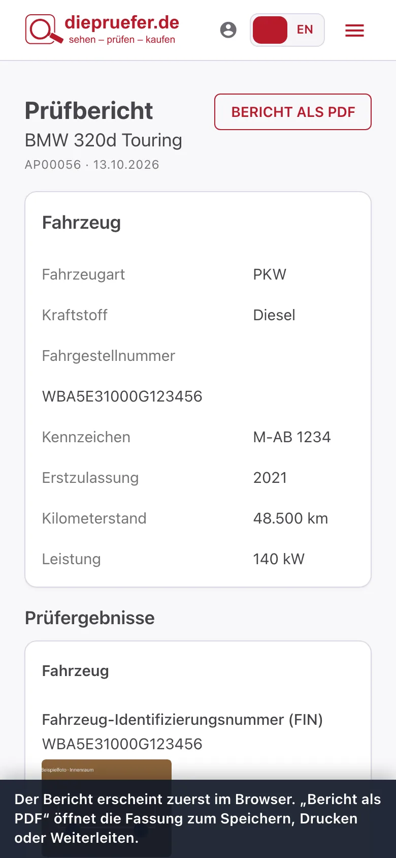 Schritt 3: Der Bericht erscheint zuerst im Browser. „Bericht als PDF“ öffnet die Fassung zum Speichern, Drucken oder Weiterleiten.