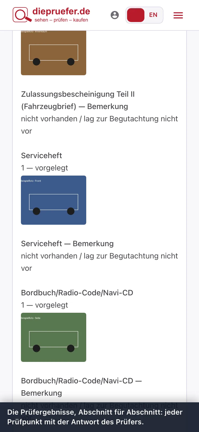 Schritt 4: Die Prüfergebnisse, Abschnitt für Abschnitt: jeder Prüfpunkt mit der Antwort des Prüfers.