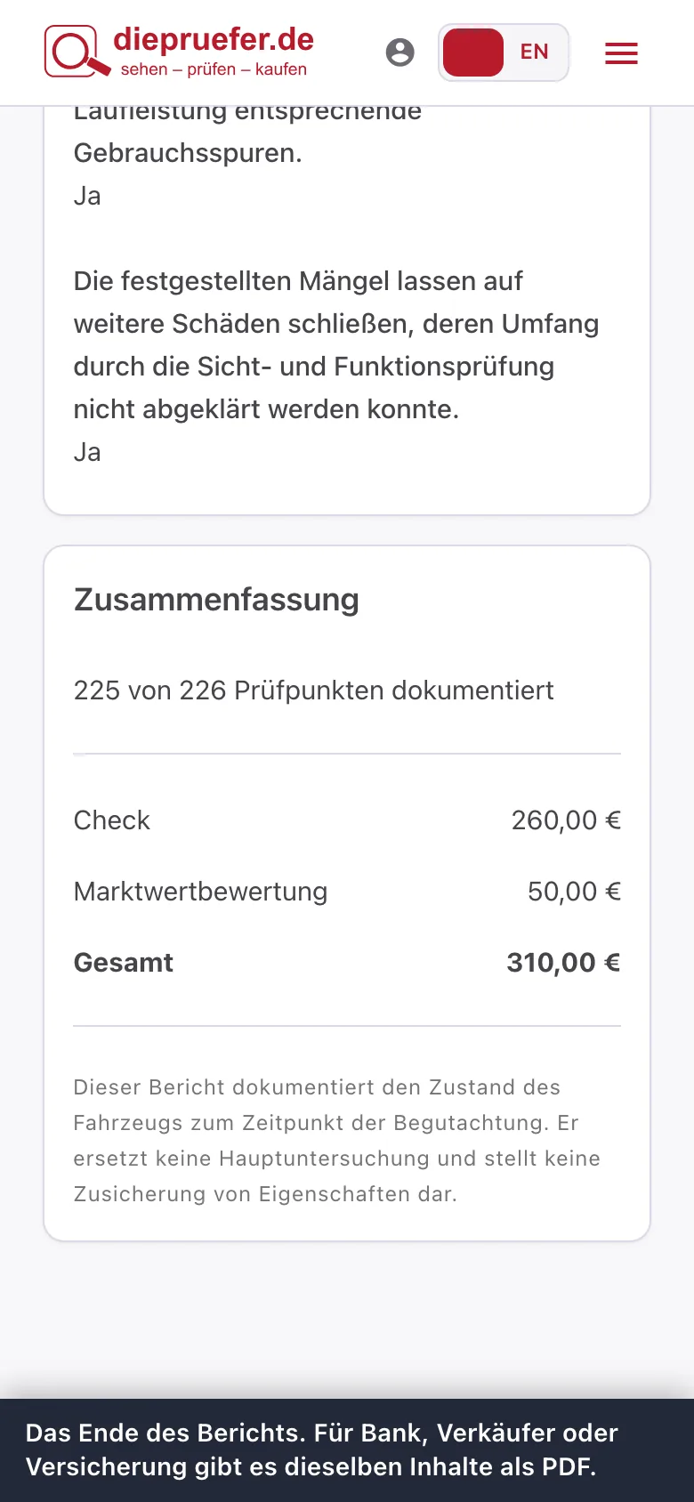 Schritt 6: Das Ende des Berichts. Für Bank, Verkäufer oder Versicherung gibt es dieselben Inhalte als PDF.