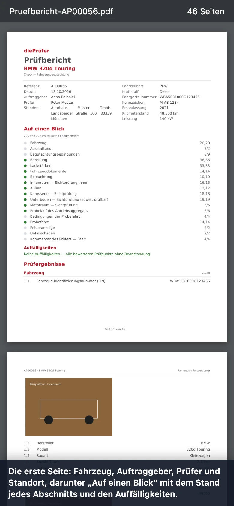 Schritt 7: Die erste Seite: Fahrzeug, Auftraggeber, Prüfer und Standort, darunter „Auf einen Blick“ mit dem Stand jedes Abschnitts und den Auffälligkeiten.