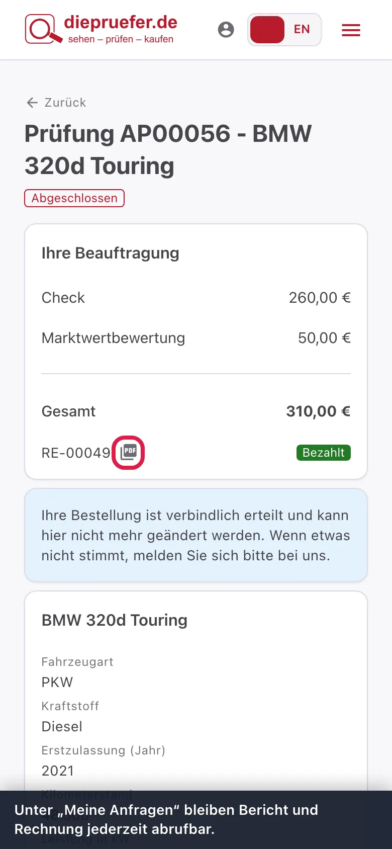 Schritt 10: Unter „Meine Anfragen“ bleiben Bericht und Rechnung jederzeit abrufbar.